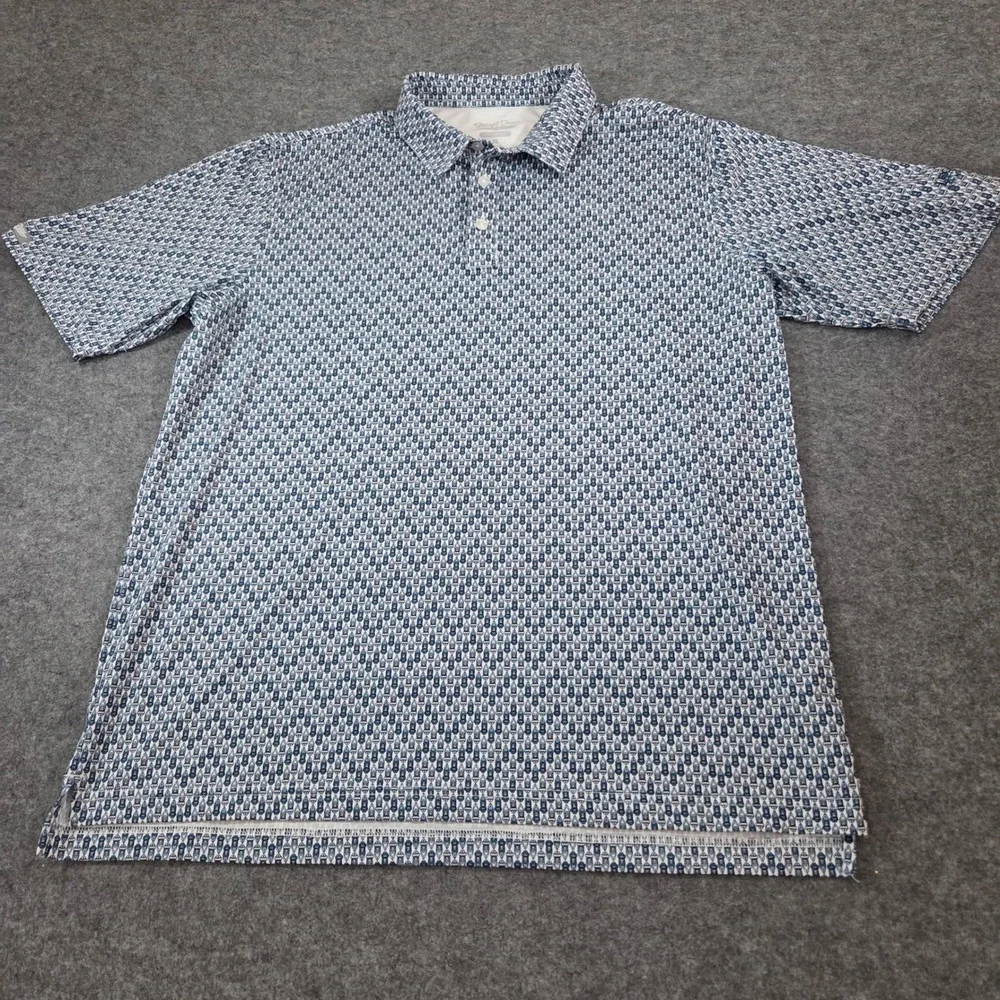 Straight Down Mens XL Performance Polo Shirt Blue White Speedboat Print Golf